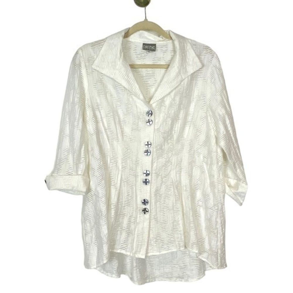 Niche by Nilgun Derman Breezy Jaquard white button Blouse textured jacket Medium